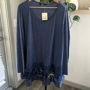 Bloomchic Plus Size 22-24 Blue Lace Hem Long Sleeve Top Rayon Blend NWT